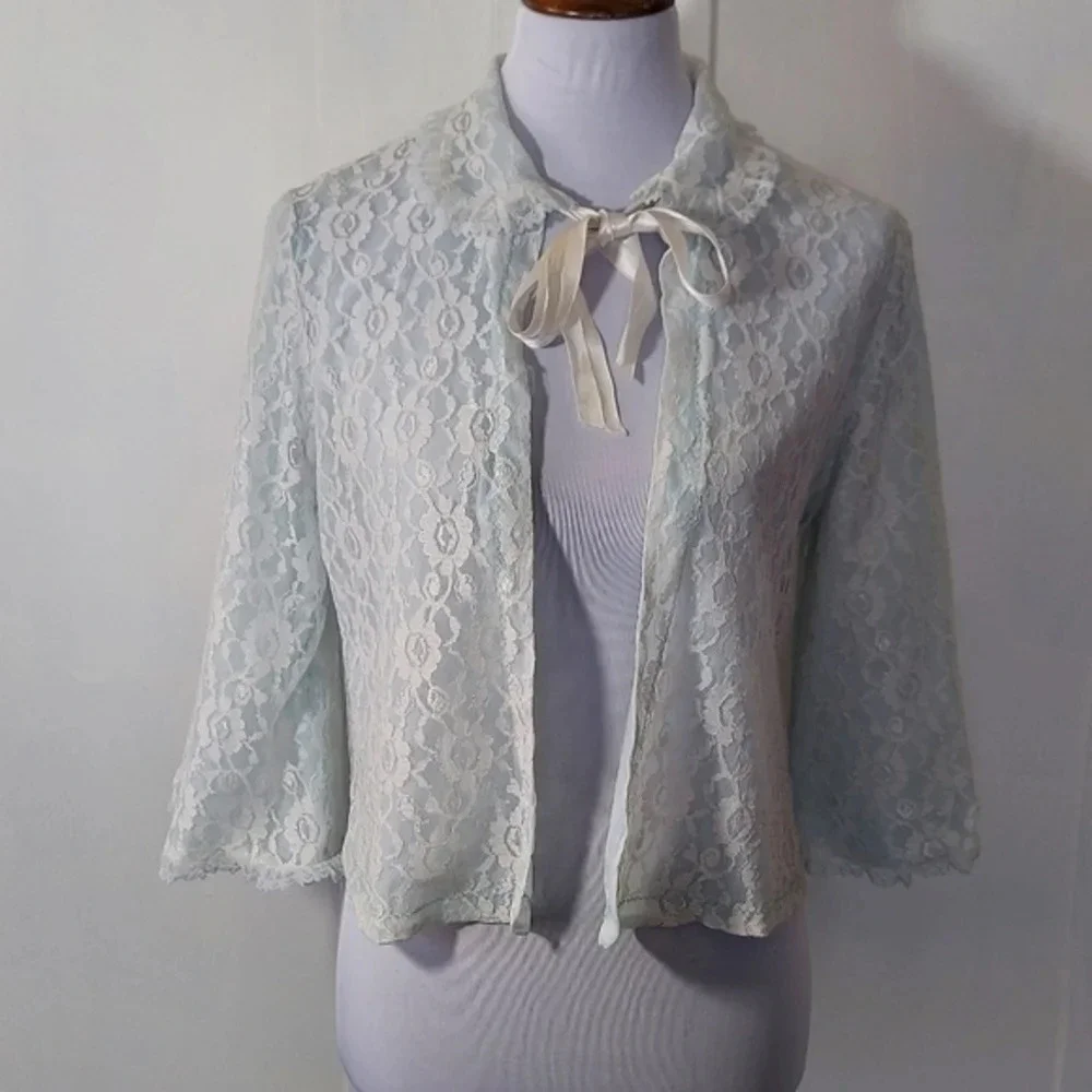 Baby Blue Lace‎ Open Front Bed Jacket white ribbon ties
